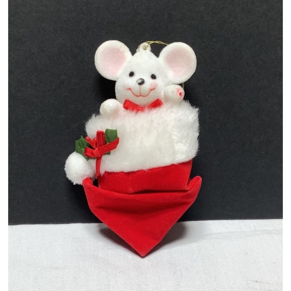 Vintage Avon Flocked Peek-A-Boo White Mouse in Stocking Christmas Ornament